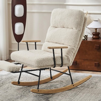 Angel Sar Rocking Chair Nursery, Teddy Upholstered Rocking Chairs with Curved Armrests, Beige