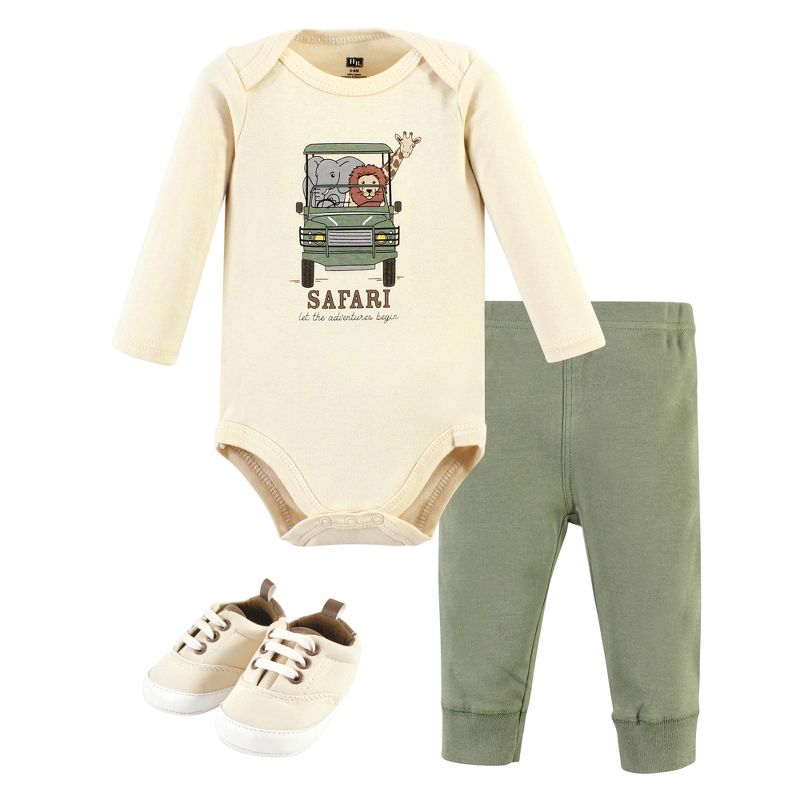 Hudson Baby Infant Boy Cotton Bodysuit, Pant and Shoe Set, Going On Safari Long Sleeve, 1 of 6