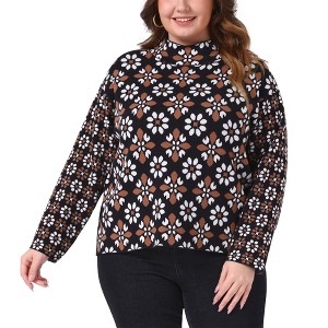 Women's Plus Size Floral Print Mock Neck Long Sleeve Casual Fall Winter Sweater - Agnes Orinda - 1 of 4