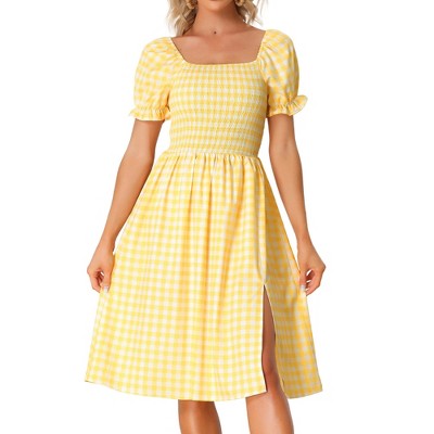 Allegra K Women's Smocked Gingham Square Neck Short Sleeve Casual Plaid Dress