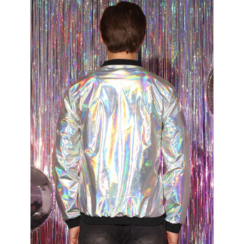 Lars Amadeus Men's Zip Up Long Sleeves Shiny Holographic Bomber Jacket, 3 of 6