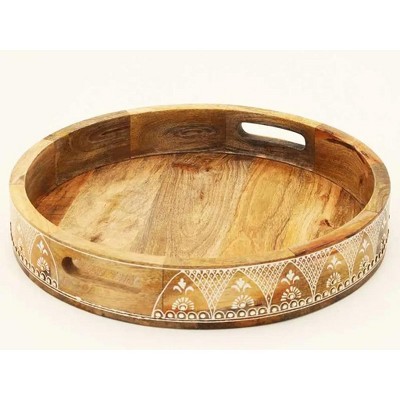 HomeRoots Set of Three Natural Round Solid Wood Floral Indoor Outdoor Handmade Serving Tray With Handles