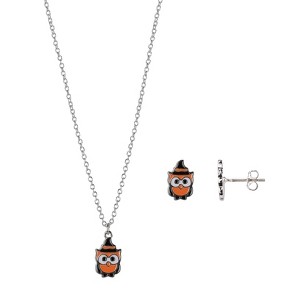 FAO Schwarz Halloween Enamel Orange Owl w/Witches Hat Necklace and Earring Set - 1 of 3
