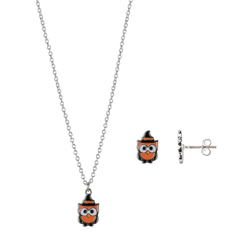 FAO Schwarz Halloween Enamel Orange Owl w/Witches Hat Necklace and Earring Set, 1 of 4