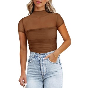 Womens Tops Mesh Panel Mock Neck Fitted Short Sleeve Top - 1 of 2