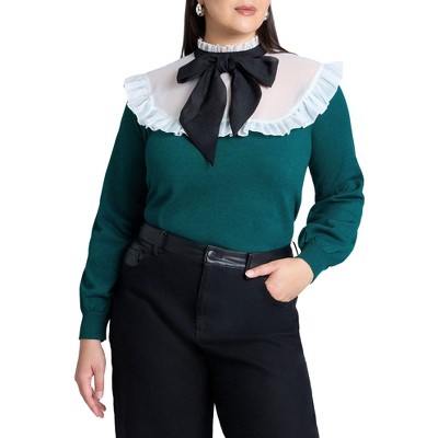 ELOQUII Women's Plus Size Sheer Yoke Sweater With Tie Neck