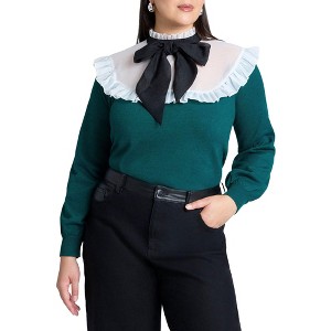 ELOQUII Women's Plus Size Sheer Yoke Sweater With Tie Neck - 1 of 4