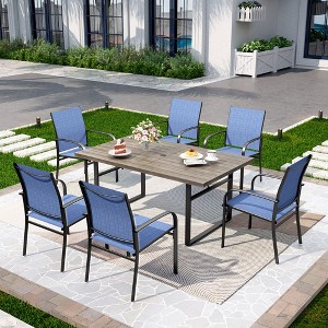 Captiva Designs 7pc Patio Dining Set Wood-look Rectangle Table with Umbrella Hole & Sling Fixed Chairs - 1 of 4