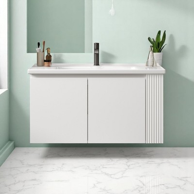 Mshliw 36" Modern Floating Bathroom Vanity with Sink, Soft Close Doors, Wall Mount Cabinet with Open Side Shelves, White Finish