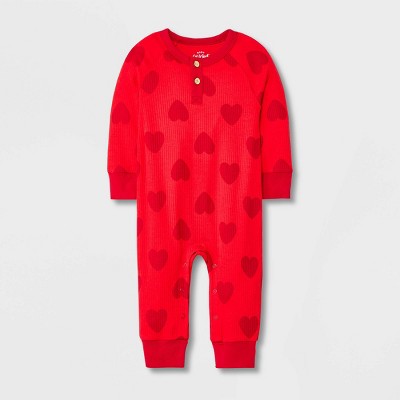 Image of Baby Boys' Heart Ribbed Henley Romper - Cat & Jack™ Red 0-3M