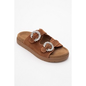 Morelia - Cognac Brown Suede Leather Slide Sandal (Women) | Forever & Always Shoes - 1 of 4