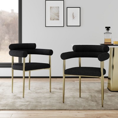 Fabric Upholstered Armrest Dining Chairs Set of 2,Round Boucle Backrest Dining Chair with Brushed Bronze Metal Legs,Kitchen Chair-Cuddlewood