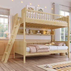 Whisen Twin Size Wooden Bunk Bed & Bed Frame with 3 Storage Shelves, Full-length Guardrail, Ladder - 1 of 4