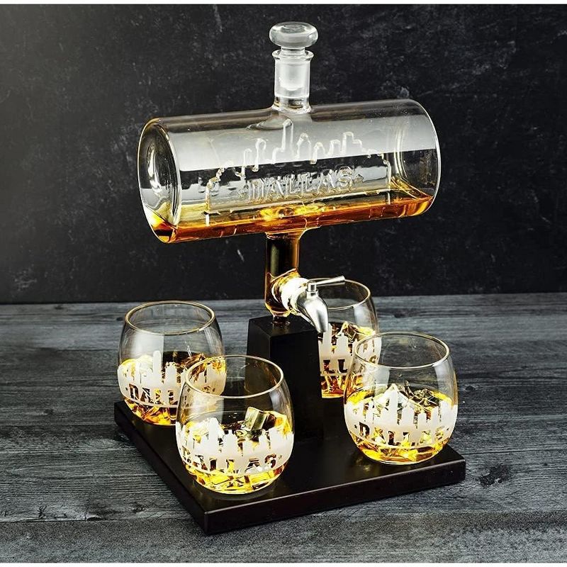 The Wine Savant Dallas Design Whiskey & Wine Decanter Set Includes 4 Dallas Design Whiskey Glasses, Unique Addition to Home Bar - 1100 ml, 4 of 7