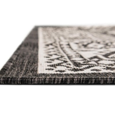 Charcoal Gray and Ivory 8 ft Square Outdoor Aztec Rug