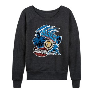 Women's - Marvel - Black Panther Wakanda Forever Sticker Lightweight French Terry Wide Neck Long Sleeve Shirt - 1 of 4