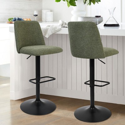 Green Upholstered Adjustable Swivel Bar Stools with Metal Base