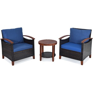 Tangkula 3PCS Patio Wicker Rattan Conversation Set Outdoor Furniture Set w/ Cushion - 1 of 4