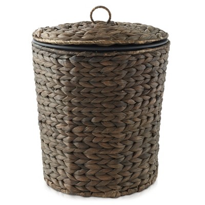Espresso Water Hyacinth Woven Bathroom Trash Can with Lid