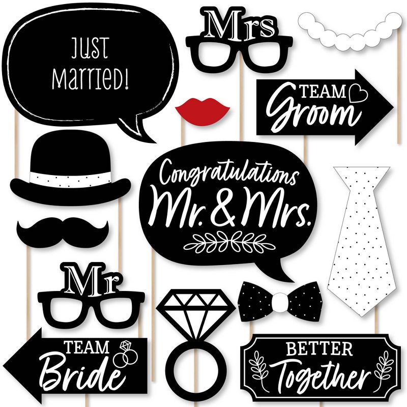 Big Dot of Happiness Mr. and Mrs. - Black and White Wedding or Bridal Shower Photo Booth Props Kit - 20 Count, 1 of 7