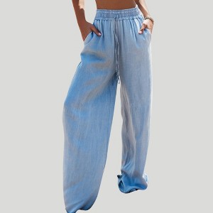 Amaryllis Women’s Smocked Waist Wide Leg Chambray Pants Relaxed Drawstring Fit Lightweight Soft Fabric Resort Travel - 1 of 4