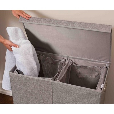 Double Gray Polyester Linen Collapsible Laundry Hamper with Lid