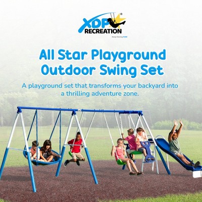 Blue and Green Metal Swing Set with Slide for 7 Kids