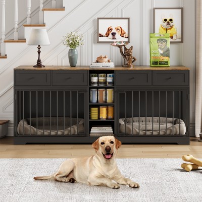 Double Dog Crate Furniture, Large Wooden Dog House with 4 Drawers