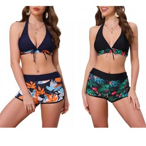INSPIRE CHIC Women's Leaf Print Color Block Halter Top Boyshorts Bottom Swimwear Bathing Bikini Suits 2 Sets - 1 of 4