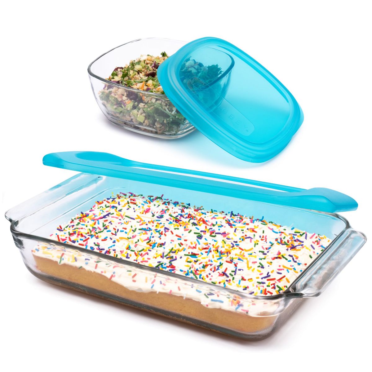 4 Piece Glass Set with 9x13 Baking Dish and 6 Cup Storage Container with Blue Plastic Lids