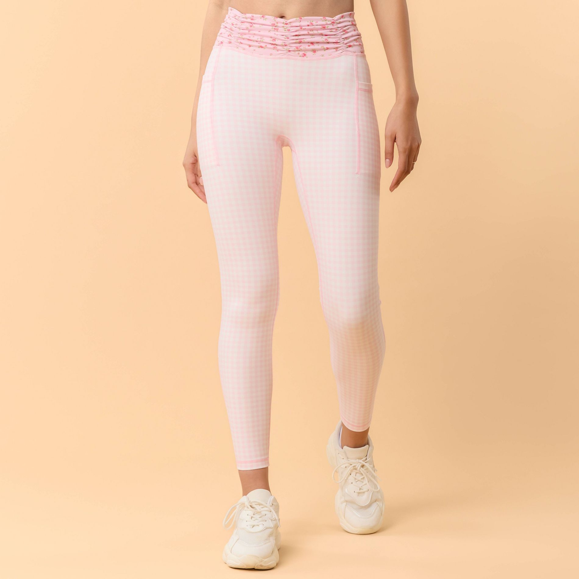 Blogilates Women's Ruched Waist Leggings - Pink Gingham L