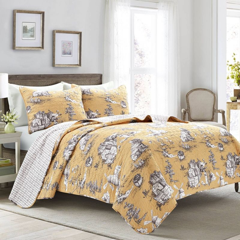 King 3pc French Country Toile Cotton Reversible Quilt Set Yellow/White - Lush D&#233;cor, 1 of 11