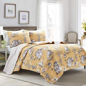 King 3pc French Country Toile Cotton Reversible Quilt Set Yellow/White - Lush Décor