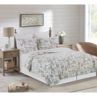 Carley Twin Blue Cotton Reversible Floral Quilt Set