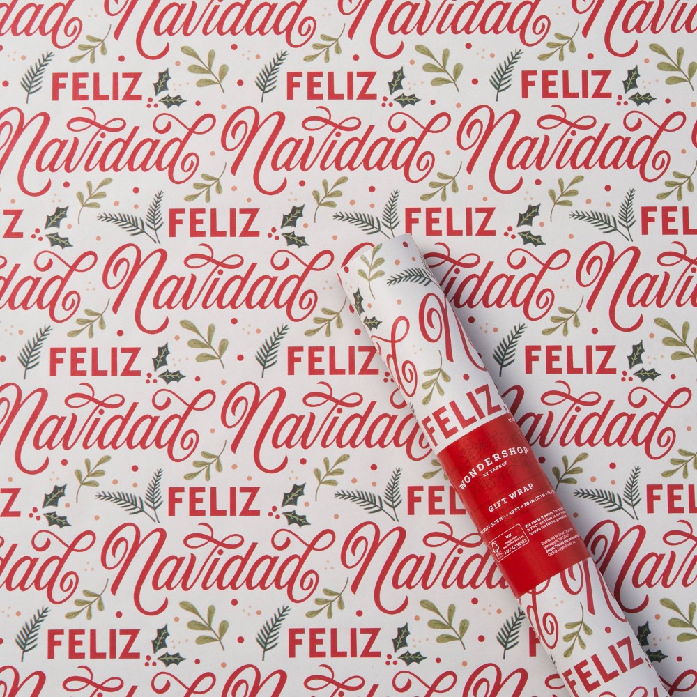 100 sq ft Feliz Navidad with Holly Gift Wrap Red - Wondershop