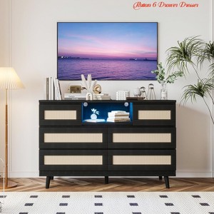Entryway Rattan 6 Drawer Dresser with Charging Station, Led Lights, Wooden Natural Dresser for Bedroom, Modern Farmhouse Chest of Drawers - 1 of 4