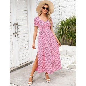 Women's Summer Dress Boho Smocked Square Neck Puff Short Sleeve Elastic Plaid Ruffle Midi Beach Dress - 1 of 4