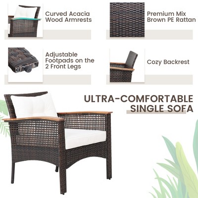 Outdoor 3-Piece Brown Rattan Furniture Set with Acacia Wood Tabletop