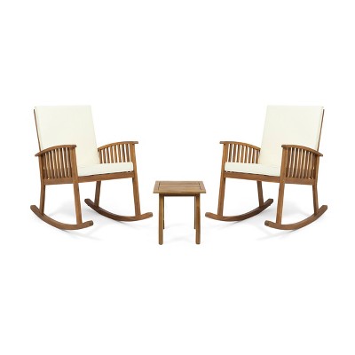 Christopher Knight Home Alabelle Outdoor Acacia Wood 3 Piece Rocking Chair Chat Set with Cushions, Brown/Cream