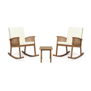 Christopher Knight Home Alabelle Outdoor Acacia Wood 3 Piece Rocking Chair Chat Set with Cushions, Brown/Cream - 1 of 4