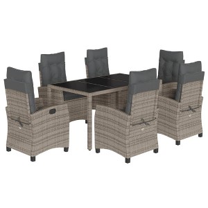 vidaXL - 7 Piece Patio Dining Set with Cushions/Adjustable Poly Rattan Reclining Chairs/Tempered Glass Tabletop for Outdoor/Garden/Backyard - Gray - 1 of 4
