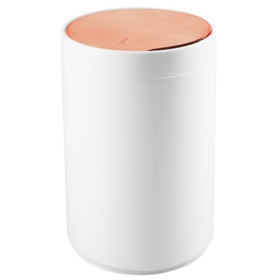 Image of mDesign Plastic Small Round Trash Can Wastebasket, Swing Lid - White/Rose Gold