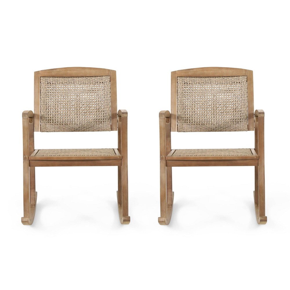 Photos - Garden Furniture 2pk Welby Outdoor Acacia Wood/Wicker Rocking Chairs Light Brown - Christop