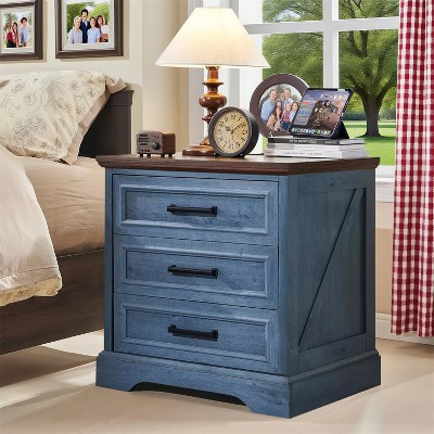 Nightstand with Charging Station, 24" Wide Farmhouse End Table with 3 Drawers & Handles, Night Stand Bedside Table for Bedroom, Living Room