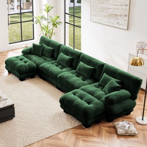 4-Seater Chenille Cloud Sectional Sofa,Modular Deep Seat Couch with 2 Ottomans, Comfy Sofa with Bolster Arms for Living Room-Tanpinhause - 1 of 4