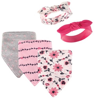 Hudson Baby Infant Girl Cotton Bib and Headband Set 5pk, Botanical, One Size