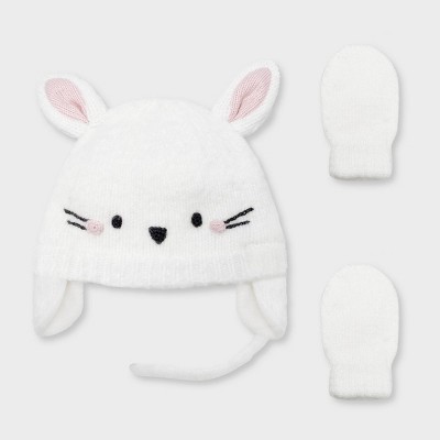 Image of Baby Girls' Knit Bunny Trapper and Basic Magic Mittens Set - Cat & Jack™ Cream Newborn