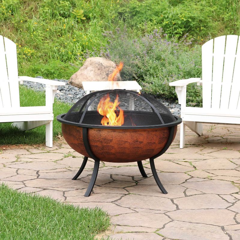 Sunnydaze Outdoor Portable Camping or Backyard Large Round Fire Pit Bowl with Spark Screen, Wood Grate, and Log Poker - 32" - Copper Finish, 3 of 13