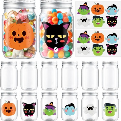 14PCS Halloween Small Plastic Candy Jar with Lid Pumpkin Ghost Sticker, DIY Sugar Storage