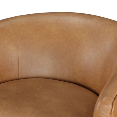 Saddle Brown Faux Leather Wood Swivel Barrel Chair